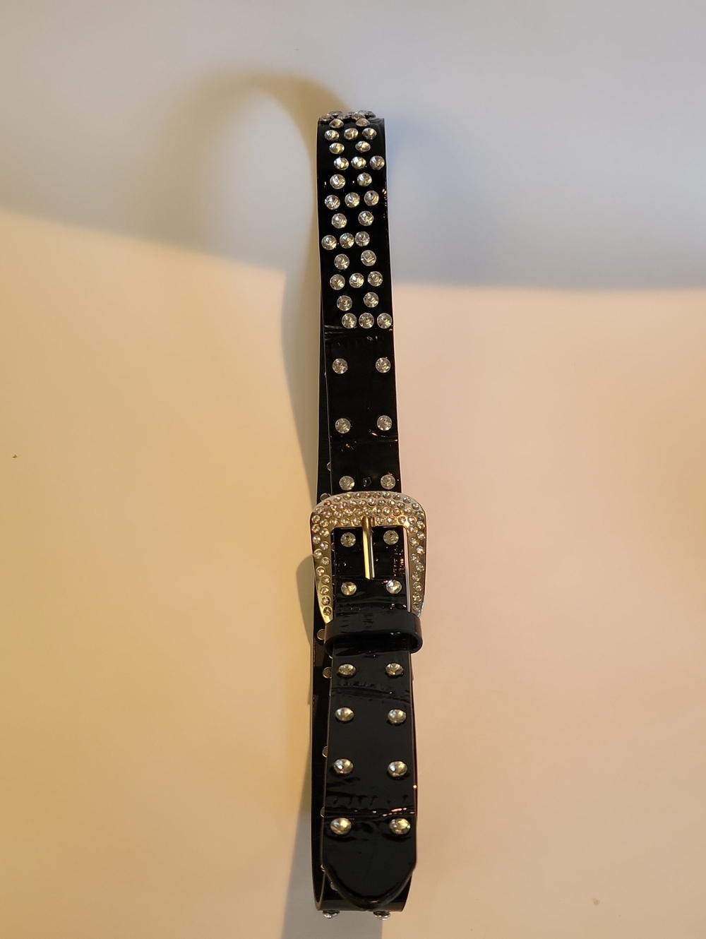 BLACK CROC EMBOSSED PATENT LEATHER WESTERN STYLE BELT WITH RHINESTONES